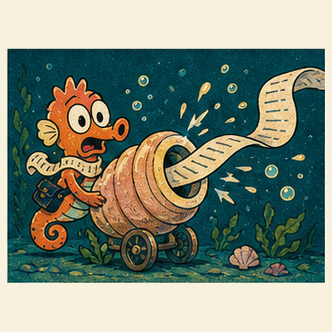Kelpip excited beside a shell-powered receipt cannon.