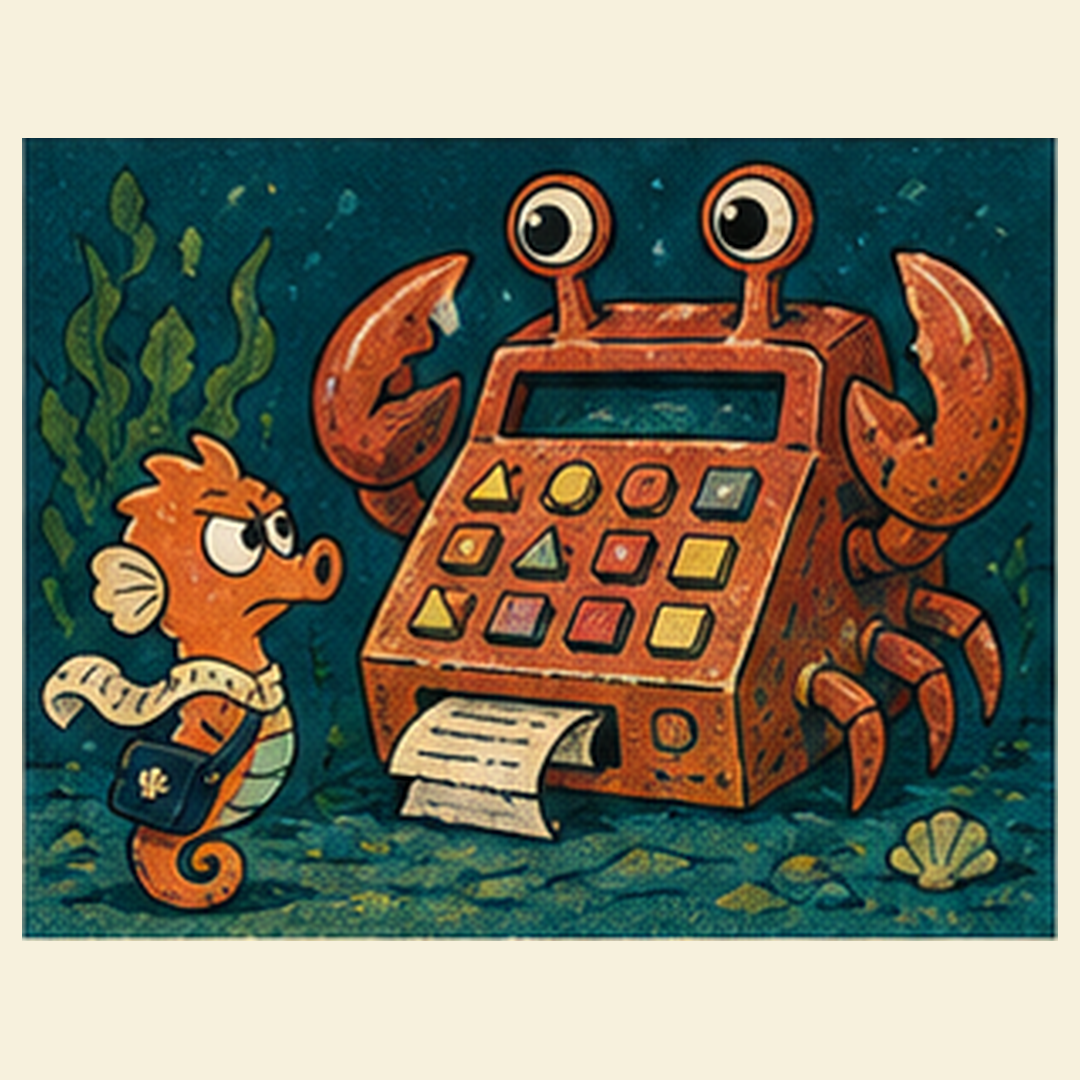 Kelpip faces a giant crab-shaped cash register.