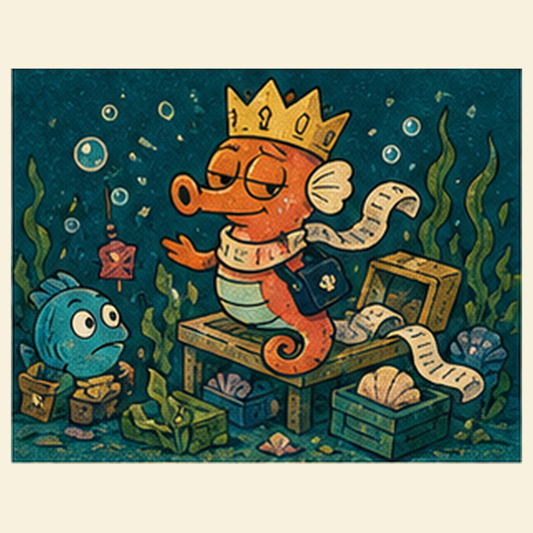 Kelpip wears a kelp price-tag crown on wobbling crates.